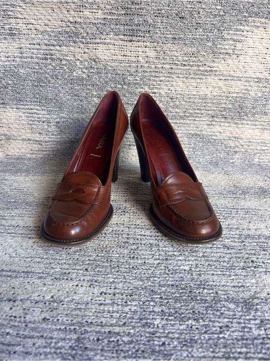 Prada Shoes - Vintage Prada Brown Leather Penny Loafer Block Heel Pumps Made in Italy